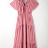 Elegant Rose Pink Textured V Neck Flutter Sleeve Ruffled Maxi Dress for Women - Image 12