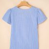 Women's Sky Blue Stripe Textured Ruffle Short Sleeve Boho Blouse - Image 7