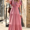 Elegant Rose Pink Textured V Neck Flutter Sleeve Ruffled Maxi Dress for Women - Image 3