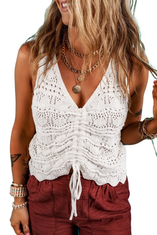 Women's Beige Trendy Hollowed Knit V Neck Drawstring Sweater Vest