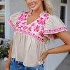 Women's Beige Floral Embroidered Blouse with Notched V Neck and Flutter Sleeves - Image 6