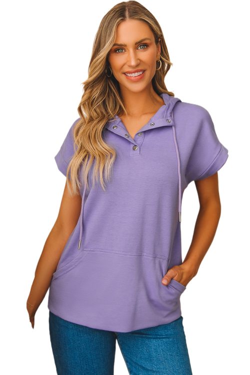 Women's Purple Short Sleeve Buttoned Neck Hoodie with Kangaroo Pocket