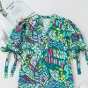 Chic Women's Green Brushwork Geometric Print Puff Sleeve Blouse with Notched Neck - Image 15