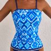 Women's Navy Blue Abstract Print Frilled Trim Spaghetti Straps Tankini Set - Image 3