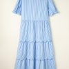 Elegant Sky Blue Stripe Bubble Short Sleeve Tiered Scallop Long Dress - Image 5