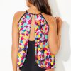 Women's Purple Floral Print O Neck Open Back One Piece Swimsuit with Mesh Overlay - Image 10