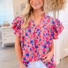 Women's Rose Red Abstract Print Ruffled Sleeve V Neck Blouse - Artistic Charm - Image 14