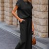 Women's Black Solid Color Textured Short Sleeve Top and Casual Pants Set - Image 2