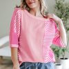 Trendy Women's Pink Stripe Color Block Patchwork Half Sleeve T-Shirt - Image 7