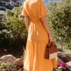 Elegant Grapefruit Orange Puff Sleeve Pleated High Waist Long Dress for Women - Image 2