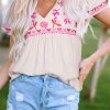 Women's Beige Floral Embroidered Blouse with Notched V Neck and Flutter Sleeves - Image 10