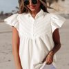 Women's White Half Button Lace Patchwork Flutter Sleeve Blouse - Romantic & Playful Style - Image 3