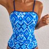 Women's Navy Blue Abstract Print Frilled Trim Spaghetti Straps Tankini Set - Image 6