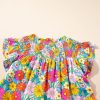 Women's Sky Blue Floral Print Smocked Notch V Neck Flutter Sleeve Mini Dress - Image 16