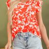 Women's Orange Floral Ruffle Sleeve Print Top with Stylish V Neck - Image 9