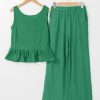 Women's Green Solid Color Ribbed Ruffle Tank Top and Wide Leg Pants Set - Image 6