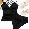 Women's Black Ribbed Dual Crisscross Straps Cut-Out Back Tankini Swim Suit - Image 14