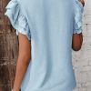 Women's Mist Blue Solid Color Ruffled Short Sleeve Casual Blouse - Elegant Round Neck Top - Image 2