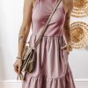 Chic Sepia Rose Ribbed Vest Patchwork Tiered Midi Dress with Pockets - Image 4