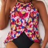 Women's Purple Floral Print O Neck Open Back One Piece Swimsuit with Mesh Overlay - Image 6