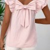 Women's Gossamer Pink Textured Blouse with Bow Knot and Frilled Butterfly Sleeves - Image 2