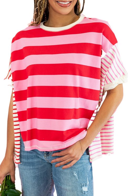 Women's Pink Stripe Patchwork Round Neck Loose T-Shirt with Side Splits