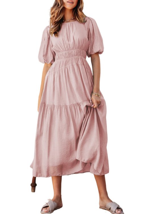 Women's Pink Puff Sleeve Pleated High Waist Flowy Long Dress - Perfect for Summer Occasions