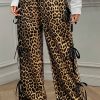 Women's Brown Leopard Print Bow Tie Drawstring High Waist Pants - Image 5