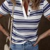 Women's Dark Blue Stripe Collared Button V Neck Knitted T-Shirt - Casual Chic Style - Image 8