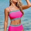 Women's Rose Red Contrast Banding Tube Bikini High Waist 2-Piece Swimsuit - Image 9