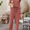 Women's Mineral Red Solid Color Corded Short Sleeve Top and Wide Leg Pants Set - Image 6