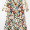 Women's Multicolour Boho Floral Print Crochet Patchwork V Neck Loose Mini Dress - Image 5