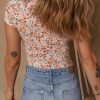 Women's Orange Short Sleeve Floral Ruched Sweetheart Bodysuit - Casual Summer Top - Image 2