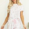 Charming Women's Pink Floral Ribbed Lounge Set with Lettuce Trim - Comfy Tee and Shorts - Image 7