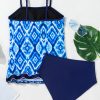 Women's Navy Blue Abstract Print Frilled Trim Spaghetti Straps Tankini Set - Image 9