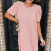 Blossom Pink Corded Knit Crew Neck Puff Sleeve Shift Mini Dress for Women - Image 3