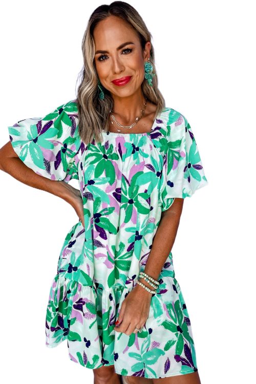 Women's Green Floral Print Shirred Square Neck Mini Dress with Puff Sleeves