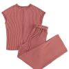 Women's Mineral Red Solid Color Corded Short Sleeve Top and Wide Leg Pants Set - Image 17