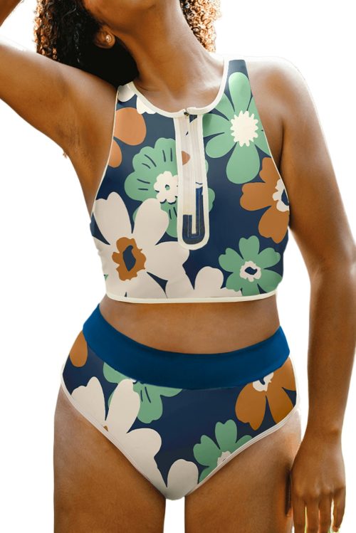 Women's Blue Floral Zip-Up Racerback High-Waisted Bikini Set