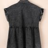 Women's Black Short Sleeve Flap Pocket Button Up Raw Hem Denim Shirt - Image 14