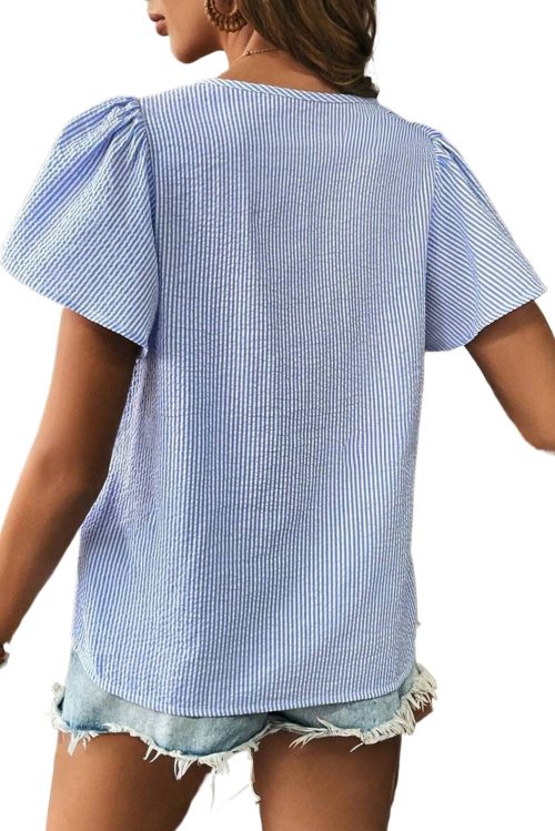 Women's Sky Blue Stripe Textured Ruffle Short Sleeve Boho Blouse