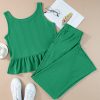 Women's Green Solid Color Ribbed Ruffle Tank Top and Wide Leg Pants Set - Image 9