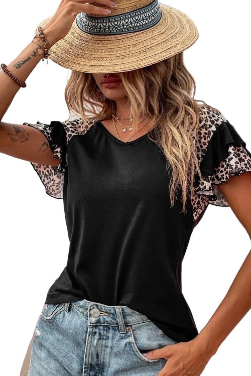 Women's Black Leopard Print Patchwork Ruffled Sleeve V Neck T-Shirt