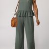 Women's Duffel Green Ribbed Ruffle Tank Top and Pants Set - Stylish Loungewear - Image 5