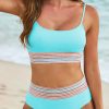 Women's Turquoise Striped Patchwork High Waist Bikini Swimsuit with Spaghetti Straps - Image 9