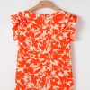 Women's Orange Floral Ruffle Sleeve Print Top with Stylish V Neck - Image 16