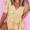 Women's Yellow Floral Short Sleeve V Neck Frilly Tiered Mini Dress - Perfect for Summer Occasions - Image 14