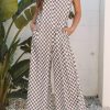 Chic Women's Khaki Checkered Print Buttoned Crew Neck Wide Leg Jumpsuit - Image 10