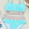 Women's Turquoise Striped Patchwork High Waist Bikini Swimsuit with Spaghetti Straps - Image 20