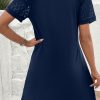 Chic Navy Blue Contrast Lace Raglan Sleeve Pleated Detail Shift Dress - Image 2